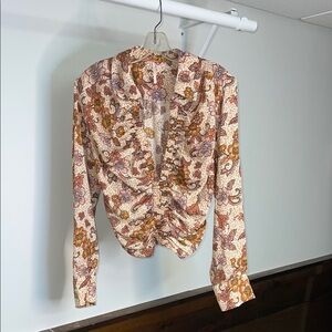 Free People Orange and Tan‎ Ruched Ruffled Cropped Length Long Sleeve Blouse- M
